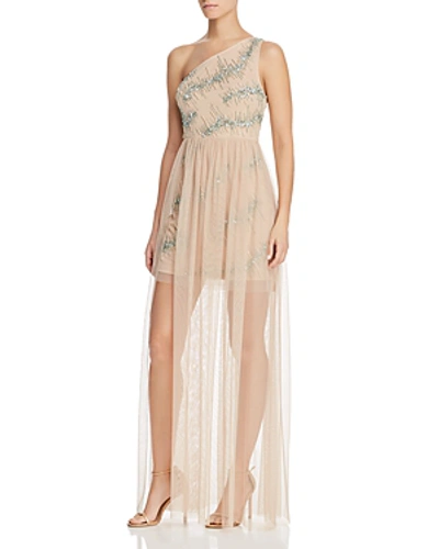 Shop Aidan Mattox Aidan By  Embellished One-shoulder Gown In Nude