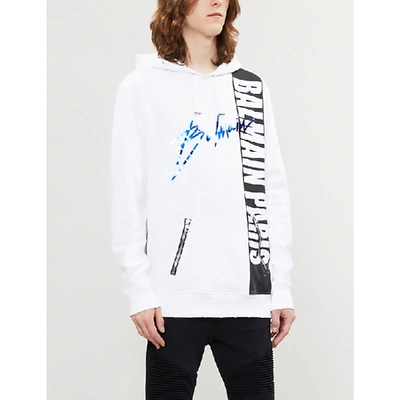 Shop Balmain Logo-print Cotton Hoody In Blanc/noir