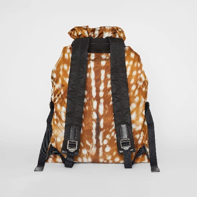 Shop Burberry Deer Print Nylon Drawcord Backpack In Tan/white