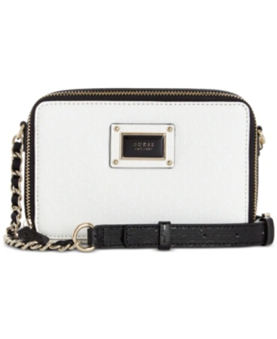 Shop Guess Shannon Mini Crossbody Camera Bag In White/gold