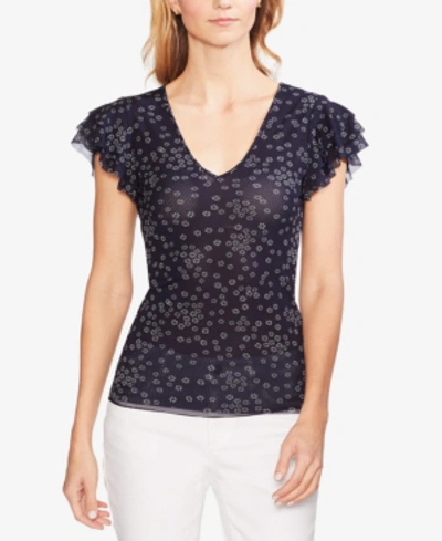 Shop Vince Camuto Floral-print Ruffled-sleeve Top In Classic Navy