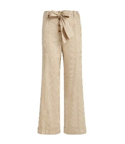 Shop Tory Burch Cropped Striped Pant In Linen Cotton Stripe