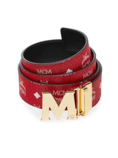 Shop Mcm Men's Claus Antique M Reversible Belt In White Logo Visetos In Black Red