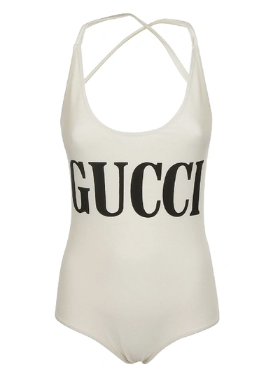 Shop Gucci Logo Print Swimsuit In White