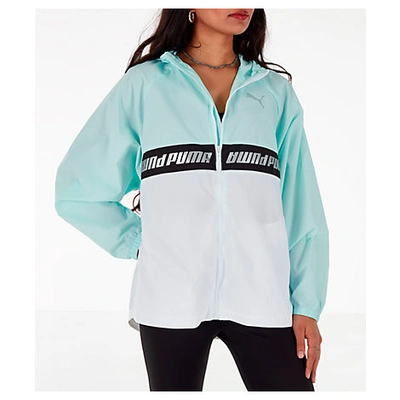 Shop Puma Women's Modern Sports Full-zip Wind Jacket In White / Blue Size X-large Polyester