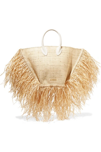 Shop Jacquemus Le Baci Leather-trimmed Fringed Raffia Tote In Beige