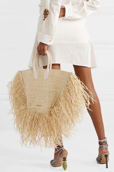 Shop Jacquemus Le Baci Leather-trimmed Fringed Raffia Tote In Beige