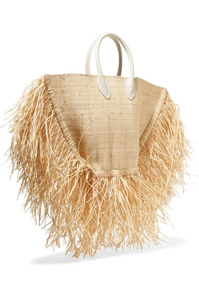 Shop Jacquemus Le Baci Leather-trimmed Fringed Raffia Tote In Beige