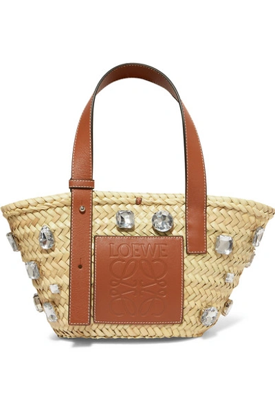 Shop Loewe Embellished Leather-trimmed Woven Raffia Tote In Tan