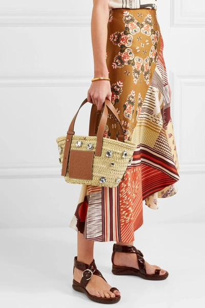 Shop Loewe Embellished Leather-trimmed Woven Raffia Tote In Tan