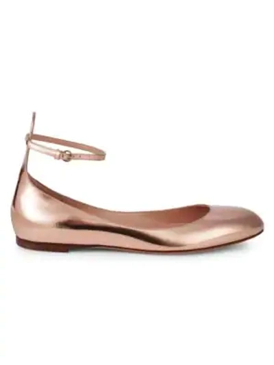 Shop Valentino Tan-go Metallic Leather Ankle-strap Ballet Flats In Silver