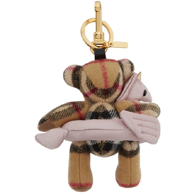 Shop Burberry Beige Vintage Check Thomas Beach Float Keychain In Antique Yel