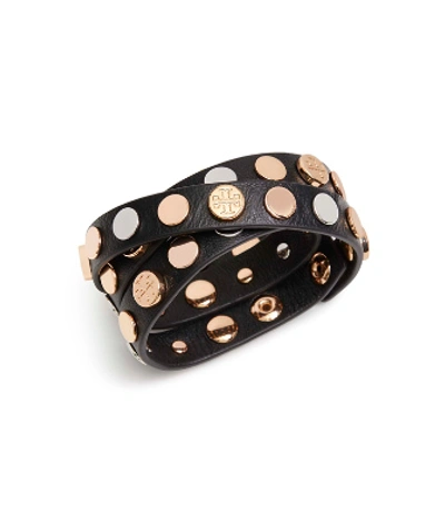 Shop Tory Burch Triple-wrap Logo Stud Bracelet In Black/rose/gold/silver