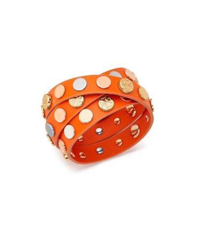 Shop Tory Burch Triple-wrap Logo Stud Bracelet In Tory Orange/rose/gold/silver