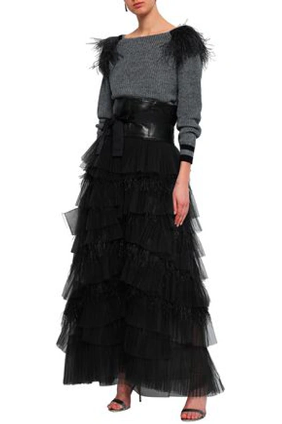 Shop Brunello Cucinelli Woman Bead-embellished Tiered Tulle Maxi Skirt Black