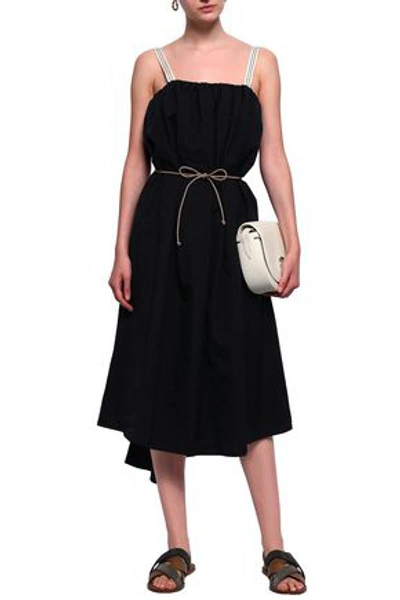 Shop Brunello Cucinelli Belted Bead-embellished Cotton-blend Poplin Midi Dress In Black