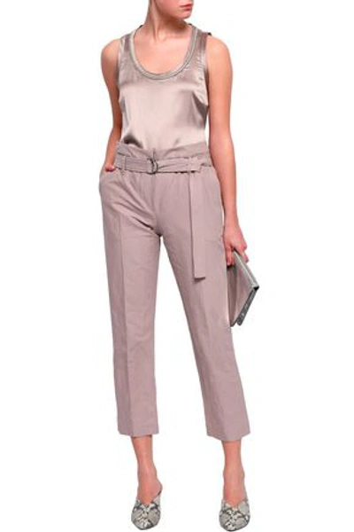 Shop Brunello Cucinelli Cropped Belted Stretch-cotton Poplin Tapered Pants In Blush