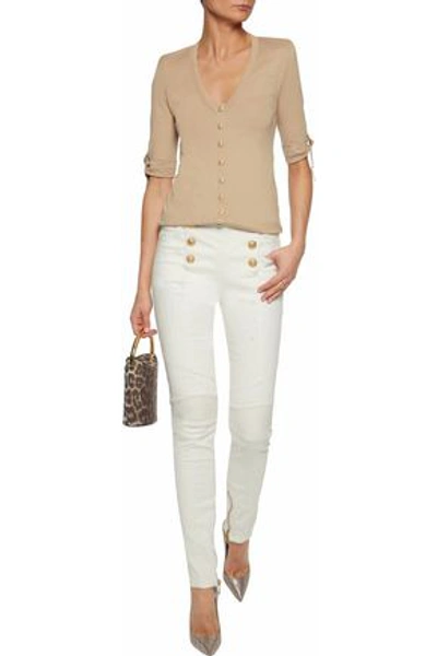 Shop Balmain Woman Button-embellished Distressed Low-rise Skinny Jeans White