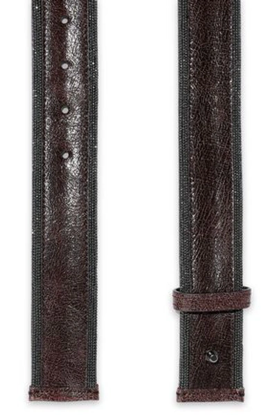 Shop Brunello Cucinelli Woman Bead-embellished Cracked Patent-leather Belt Dark Brown