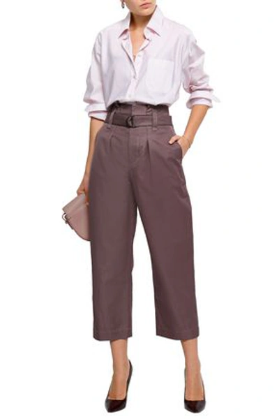 Shop Brunello Cucinelli Woman Cropped Belted Cotton And Ramie-blend Straight-leg Pants Grape