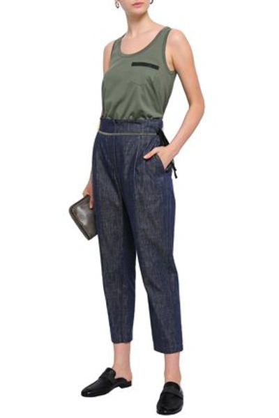 Shop Brunello Cucinelli Woman Cropped Bead-embellished High-rise Tapered Jeans Dark Denim