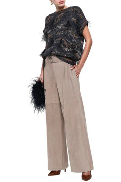 Shop Brunello Cucinelli Woman Belted Suede Wide-leg Pants Taupe