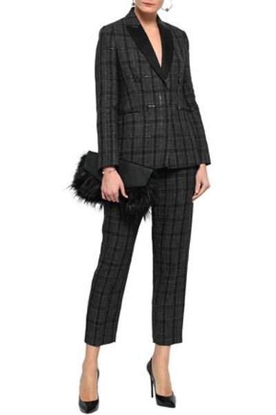 Shop Brunello Cucinelli Woman Satin-trimmed Embellished Checked Linen Blazer Black
