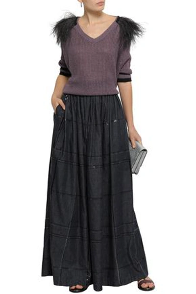 Shop Brunello Cucinelli Woman Sequin-embellished Gathered Denim Maxi Skirt Dark Denim