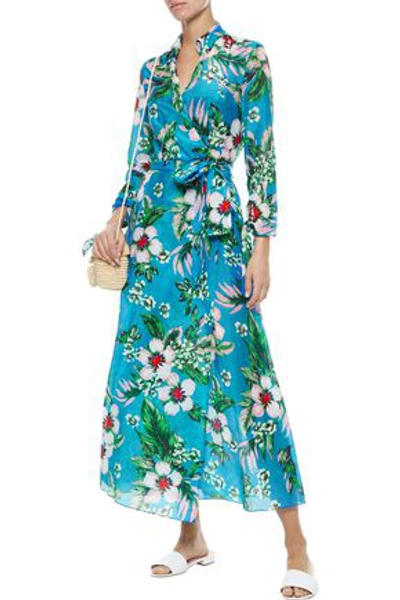 Shop Dvf West Diane Von Furstenberg Woman Floral-print Cotton And Silk-blend Midi Wrap Dress Sky Blue