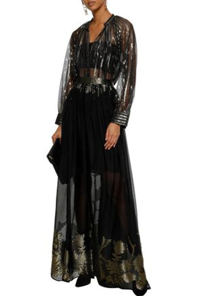 Shop Etro Woman Metallic-trimmed Burnout Silk-blend Chiffon Maxi Skirt Black