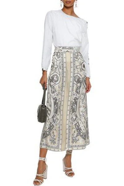 Shop Etro Woman Pleated Printed Silk-twill Midi Skirt Cream