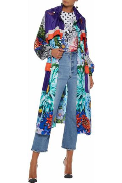 Shop Mary Katrantzou Woman Paint By Numbers Printed Satin Hooded Coat Turquoise