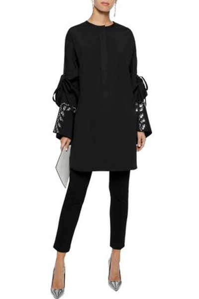 Shop Oscar De La Renta Woman Sequin-embellished Stretch-cotton Poplin Tunic Black