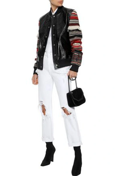 Shop Saint Laurent Woman Jacquard-paneled Textured-leather Bomber Jacket Black