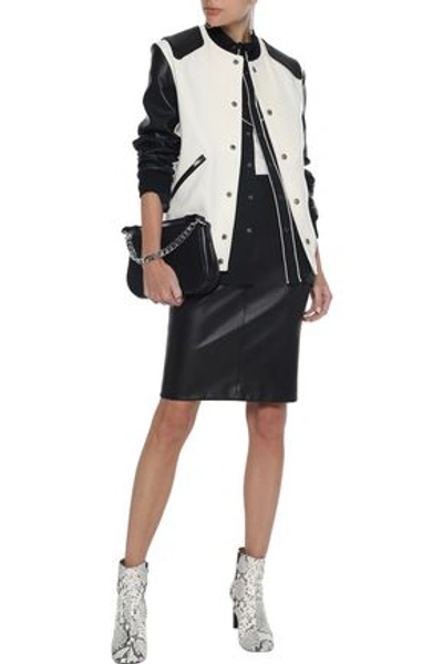 Shop Saint Laurent Woman Appliquéd Leather And Brushed-wool Bomber Jacket Ivory