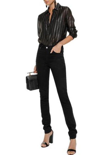 Shop Saint Laurent Woman Metallic Striped Silk-blend Chiffon Shirt Black