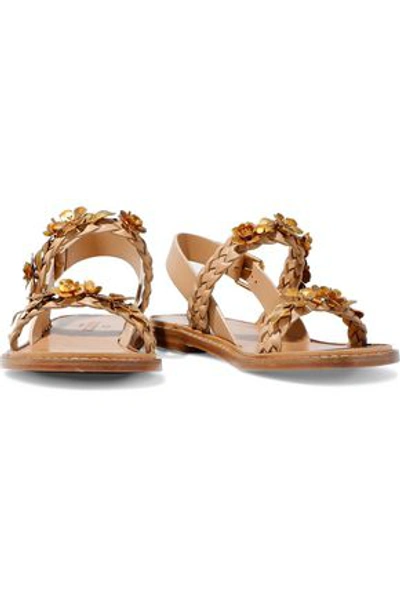 Shop Valentino Garavani Woman Metallic Floral-appliquéd Leather Slingback Sandals Sand