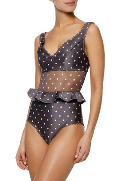 Shop Zimmermann Woman Prima Flutter Polka-dot Mesh-paneled Neoprene Swimsuit Dark Gray