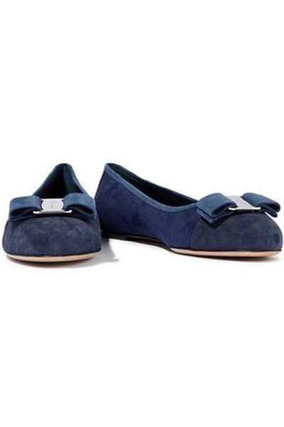 Shop Ferragamo Salvatore  Woman Varina Bow-embellished Two-tone Suede Ballet Flats Navy