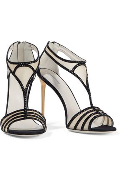 Shop Giorgio Armani Woman Crystal-embellished Satin-trimmed Mesh Sandals Black