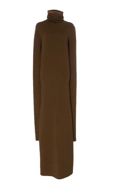 Shop Lemaire Long Sleeve Turtleneck Ruched Dress In Brown
