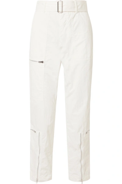 Shop Helmut Lang Cropped Belted Cotton-blend Twill Straight-leg Pants In Ivory