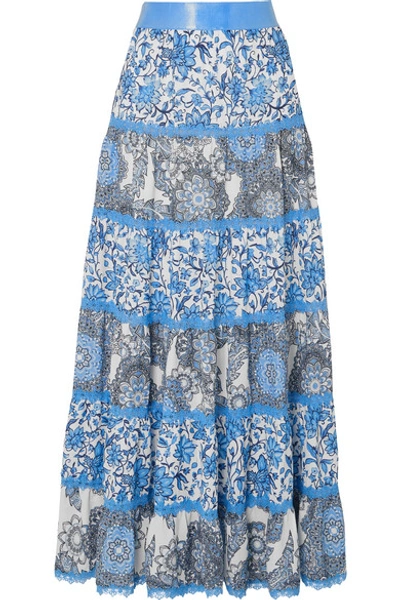 Shop Alice And Olivia Satin And Lace-trimmed Floral-print Crepe De Chine Maxi Skirt In Blue