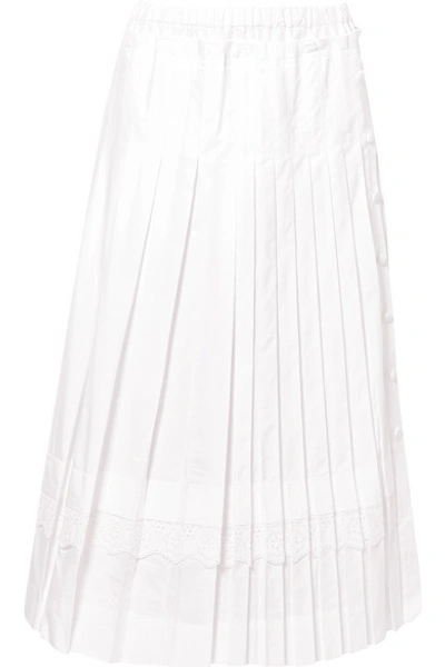 Shop Simone Rocha Broderie Anglaise-trimmed Pleated Cotton-poplin Midi Skirt In White
