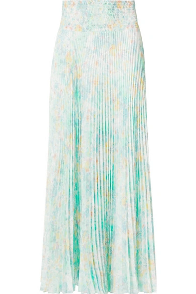 Shop Prada Floral-print Pleated Crepe De Chine Skirt In Light Green