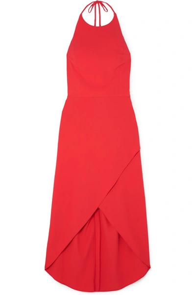 Shop Alice And Olivia Kristy Wrap-effect Crepe Halterneck Dress In Red