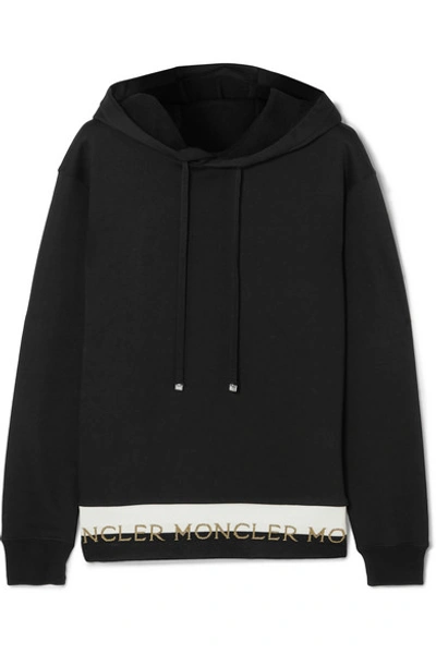 Shop Moncler Intarsia-trimmed Cotton-blend Jersey Hoodie In Black