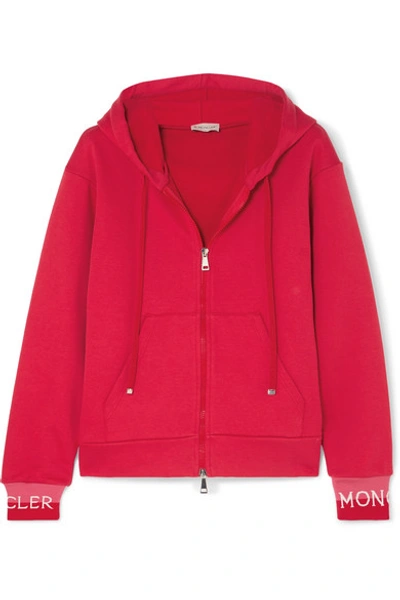 Shop Moncler Intarsia-trimmed Cotton-blend Jersey Hoodie In Red