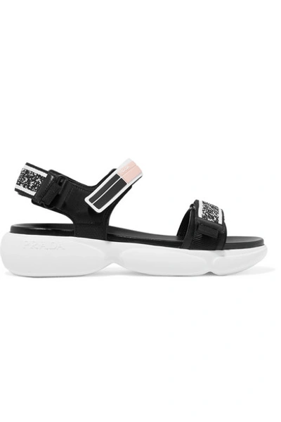 Shop Prada Cloudbust Logo-embossed Rubber And Canvas-trimmed Leather Sandals In Black