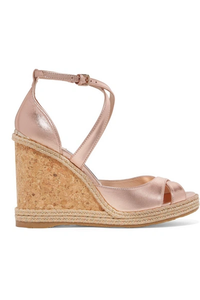 Shop Jimmy Choo Alanah 105 Metallic Leather Espadrille Wedge Sandals In Antique Rose
